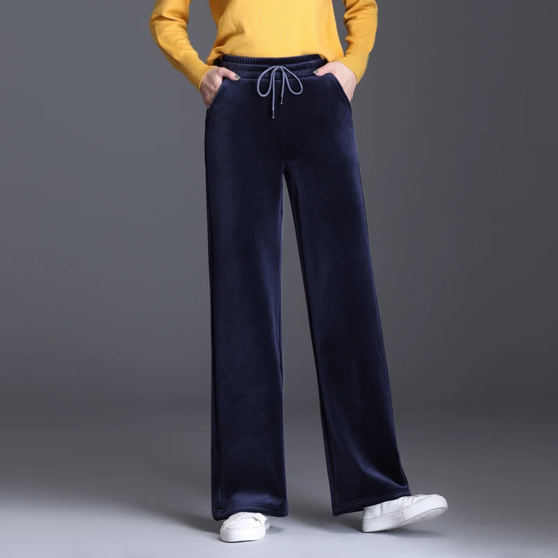 Trouser For Women High Waist Causal Loose Wide Leg Pants Female 2021 Winter Warm Thick Double Velvet Korean Fashion Elegant Tide