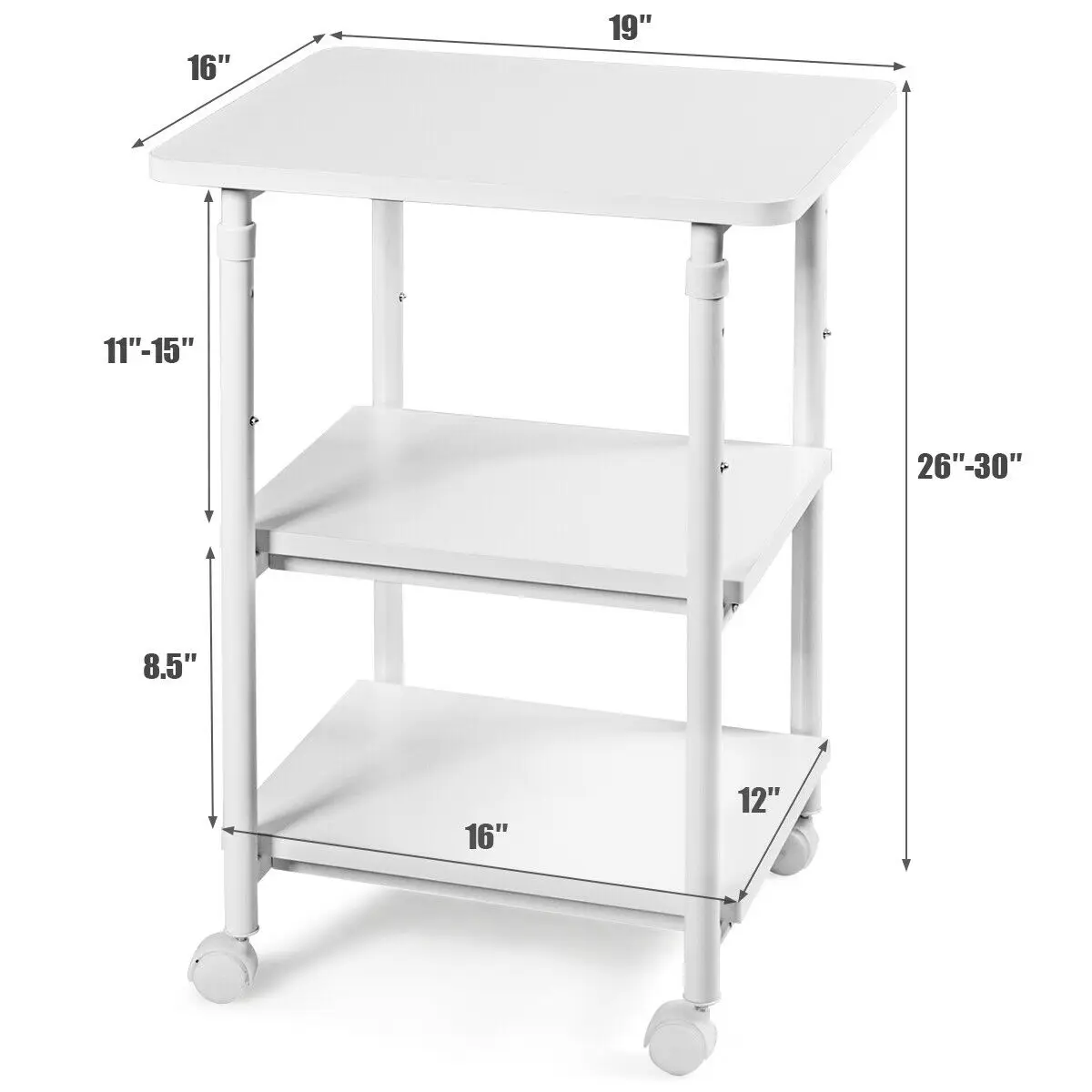 3-Tier Rolling Adjustable Printer Cart Machine Stand Storage Rack White/Black