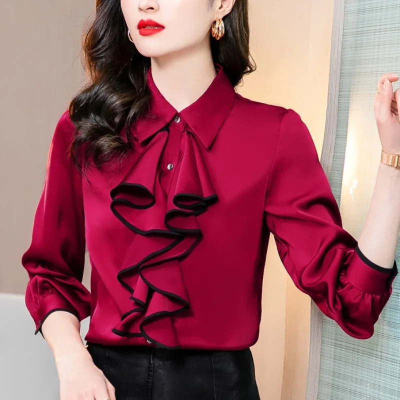 Women Elegant TuxedoTops Flounce Frill Blouses Satin Silk Long Sleeve Formal Business Office Lady Work Wear Shirts Female Blusas