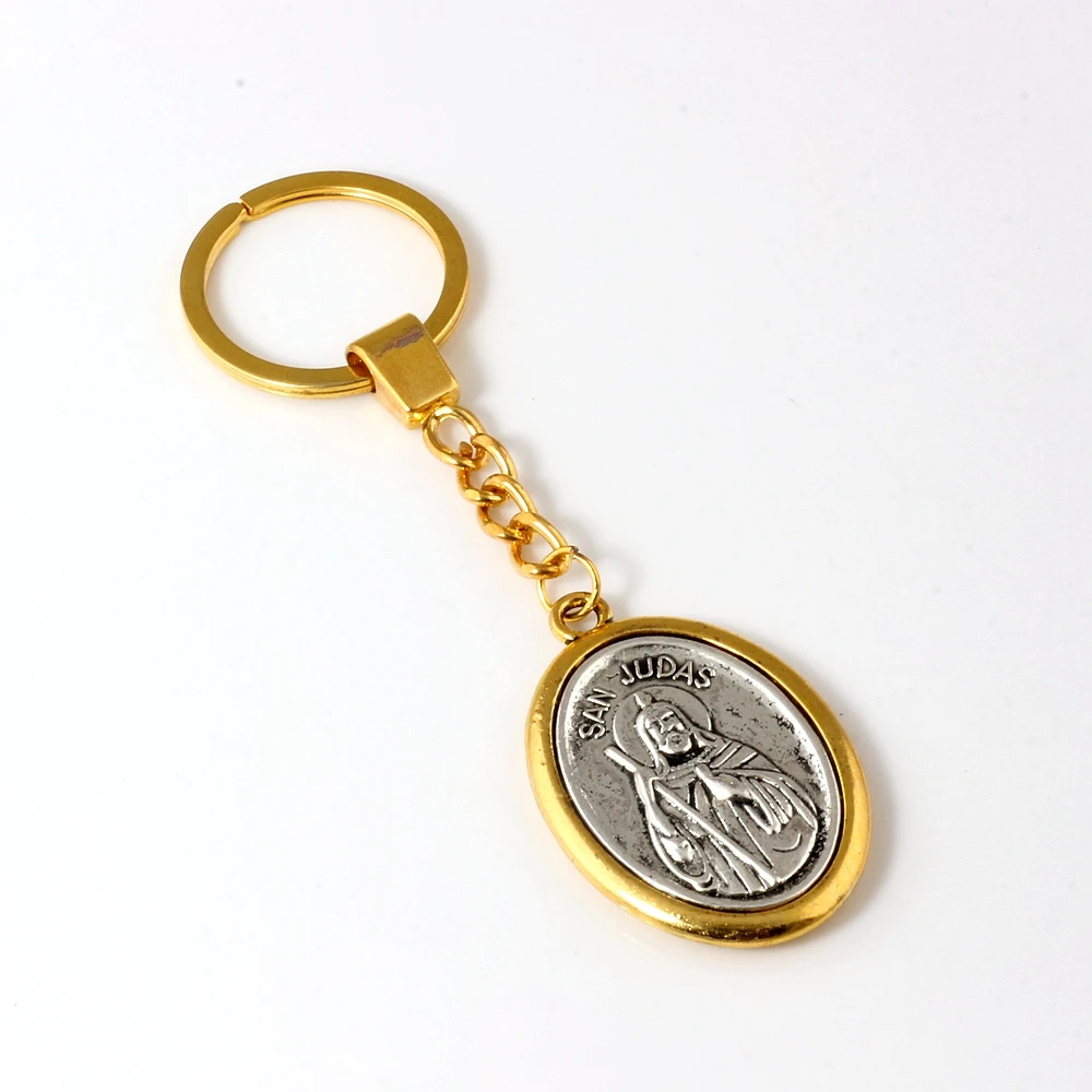 1Pcs Keychain Two-Tone San Judas Tadeo Ruega Por Nosotros Charms Pendants Key Ring Travel Protection DIY Jewelry A-549f