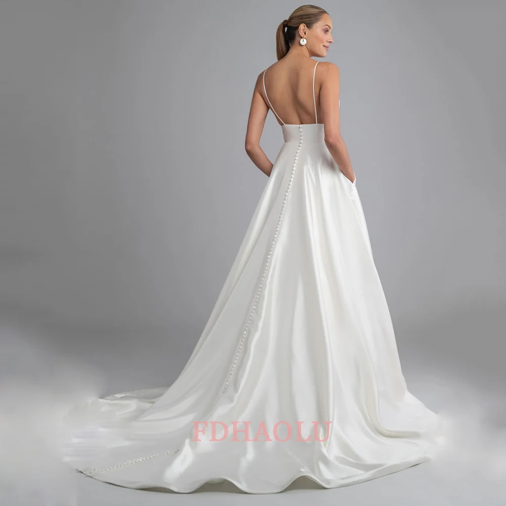 FDHAOLU FU40 A-line Wedding Dress White Ivory Satin V Neck Wedding Gowns Elegant Sleeveless Bride Dress Abito Da Sposa