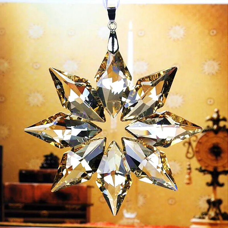 Hot Selling 80mm Crystal Snowflake Prism Suncatcher Ornament Fengshui Christmas Tree Hanging Wedding Craft Car& Home Decoration