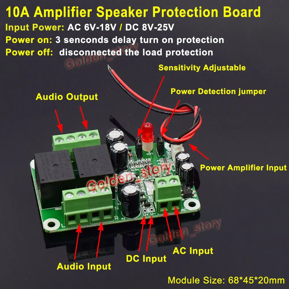 10A 12V-24V Speaker Protection Board Boot Delay+DC Protect for Amplifier Board