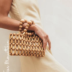 Vintage wooden Beaded Shoulder Handbag Fashion High Quality Women Bag Summer Beach Bag Small Square Bag