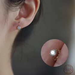 925 Sterling Silver Korea Simple Four Claws Inlaid Zircon Stud Earrings Women Plating 14K Gold Wedding Party Jewelry Gift