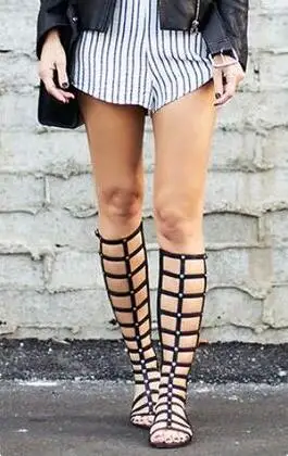 Summer New Girls Black Beige Gold Gladiator Cuts Out Knee High Sandals Boots Woman Casual Zipper Buckle Rivets Flat Long Boots