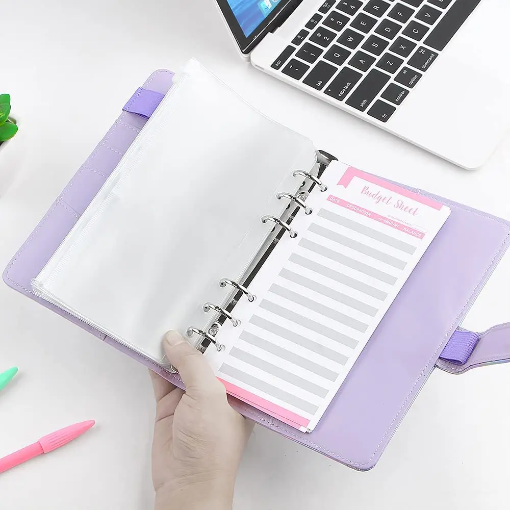 A6 PU Leather Budget Binder Cash Envelopes Planner System with Clear Zipper Pockets,Expense Budget Sheets, Letter Sticker Labels
