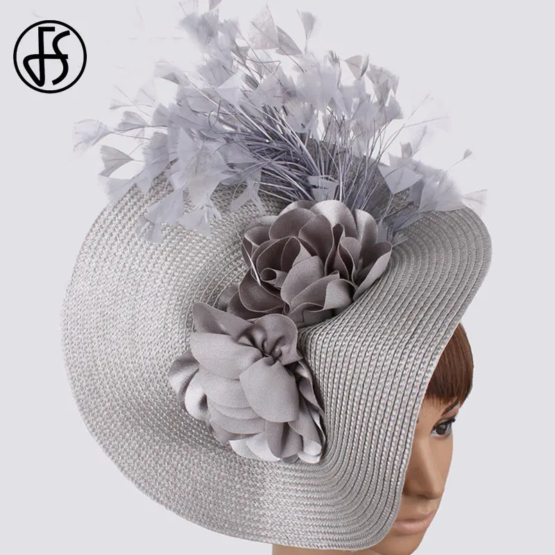 FS Imitation Straw Big Derby Fascinator Hat For Wedding Women White Flower Headpiece Headband Fancy Feather Race Hair Accessorie