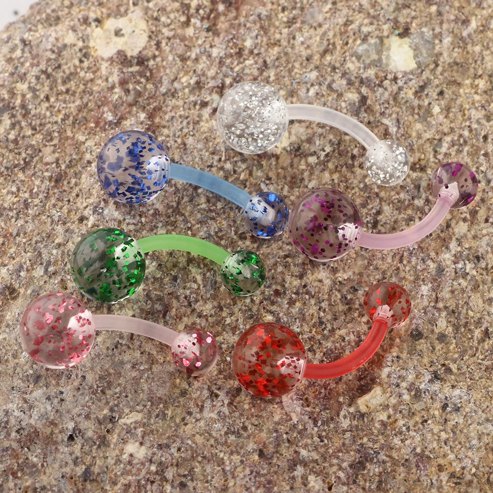 JUNLOWPY 14g Acrylic Bioflex Navel Piercing Glitter Belly Button Rings Traugs Ear Barbell Helix Cartilage Body Jewelry 6 Colors