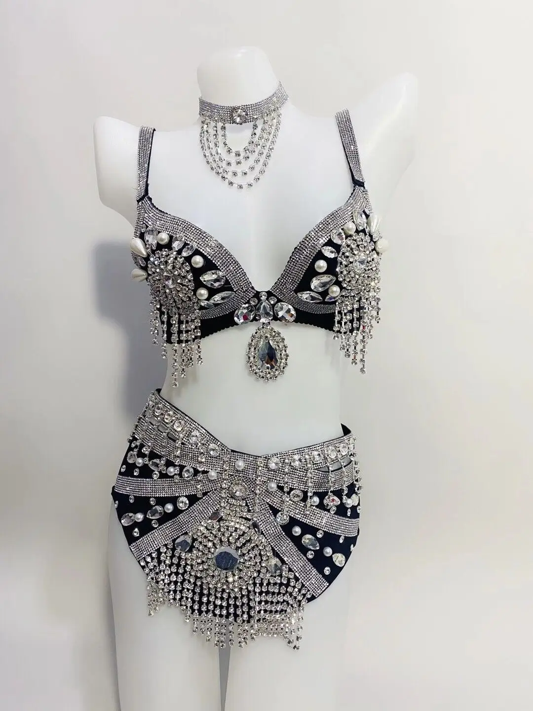 Sexy Rhinestone Fringe pearl Bra Short Women Dancer DS Bar Bikini Stage Wear Prom Evening Show Outfit Set