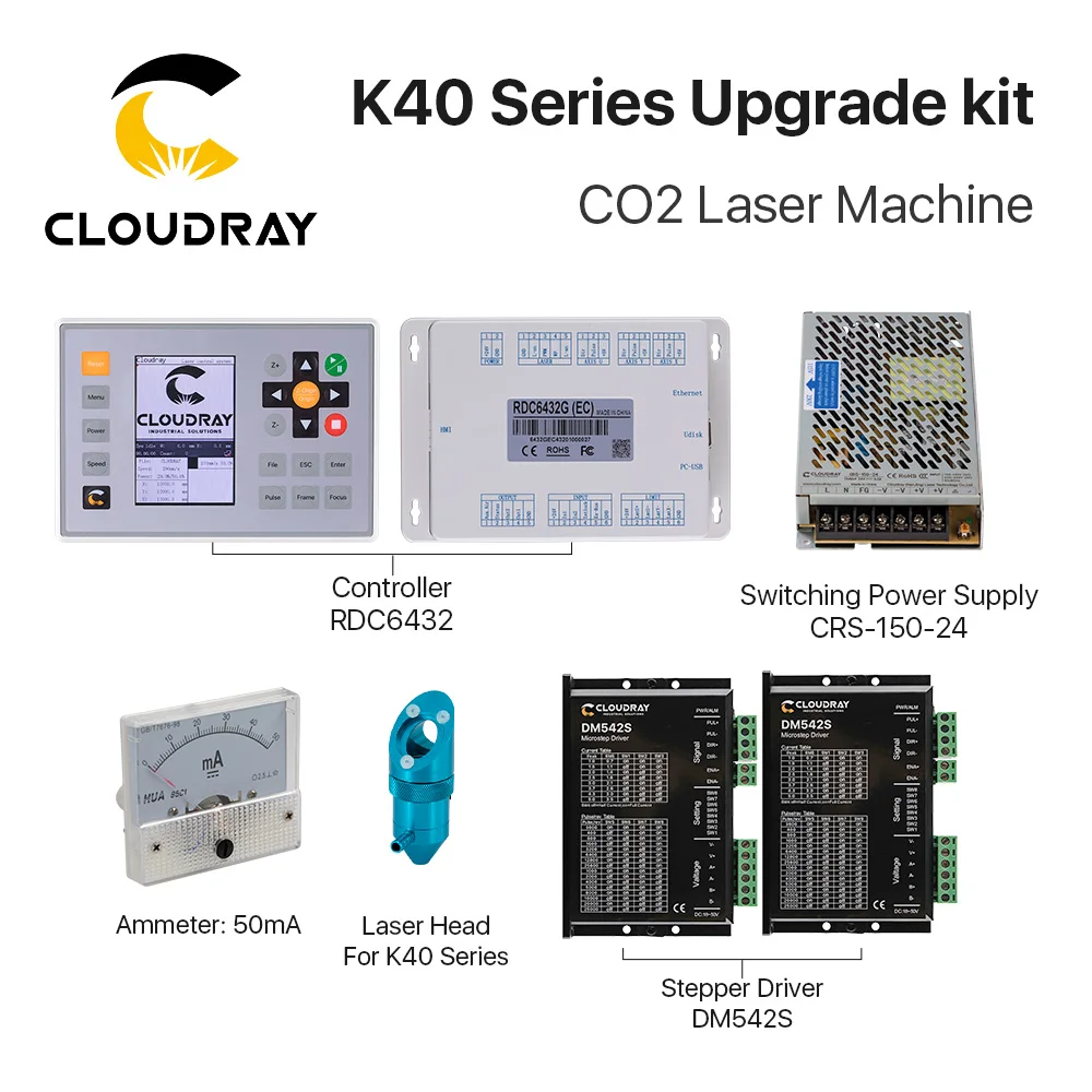 Cloudray K40 Series Upgrade Kit for CO2 Small Laser Engraving Machine Ruida RDC6432 CO2 Laser Controller DM542S Stepper Driver