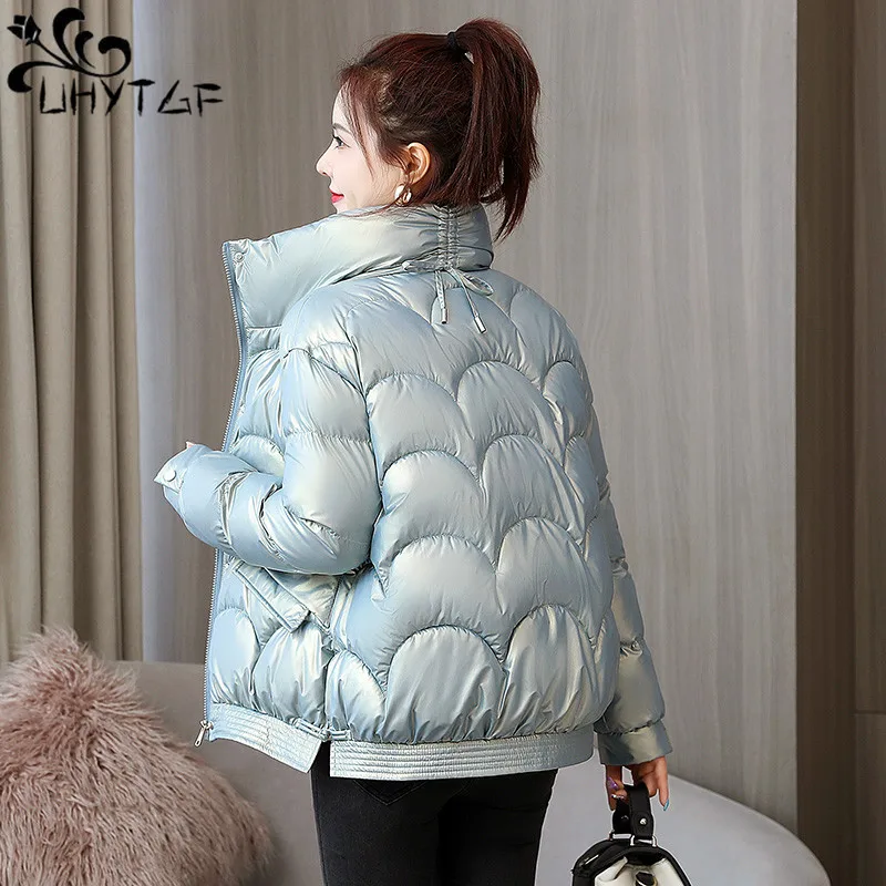 UHYTGF Winter Down Coats Women Short Coat Outerwear Shiny Cotton Clothes Fashion Parkas Jacket Female Overcoat Manteau Femme 996