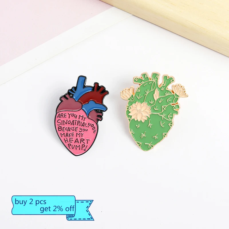 Human Heart With Flowers Letters Enamel Lapel Pin Anatomical Heart Brooches Floral Anatomy Badges Art Organs Medical Jewelry