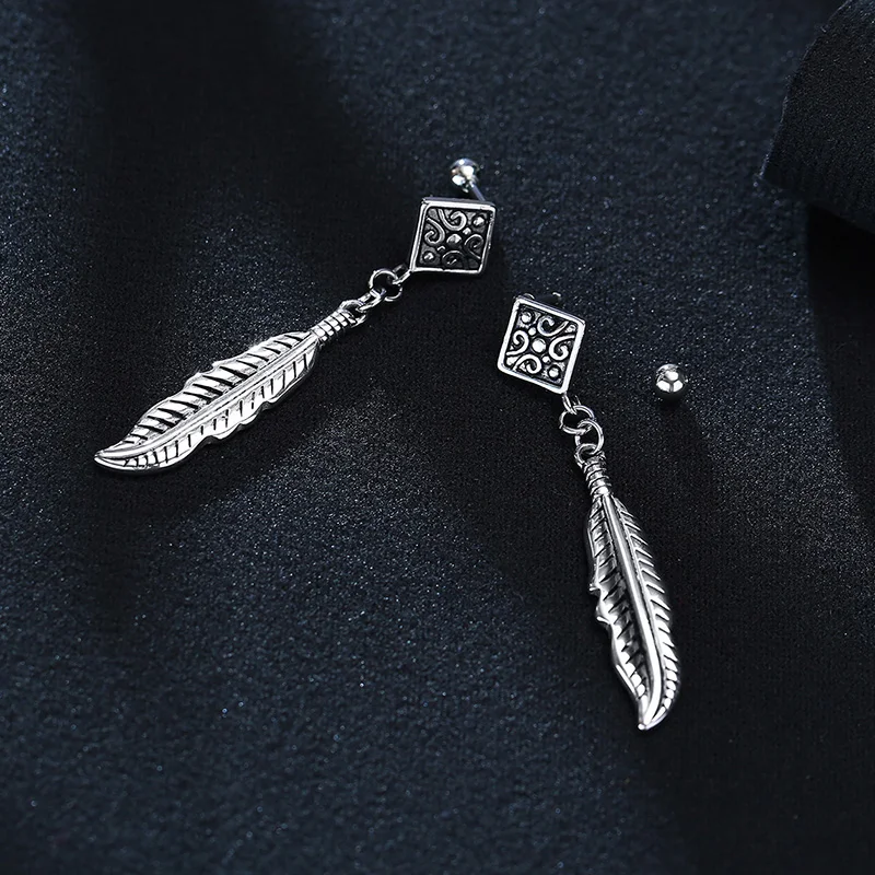 Silver Color Feather Earrings, Native American Indian Charm Earrings,Stainless Steel Hypoallergenic Stainless Steel Hoops Earing