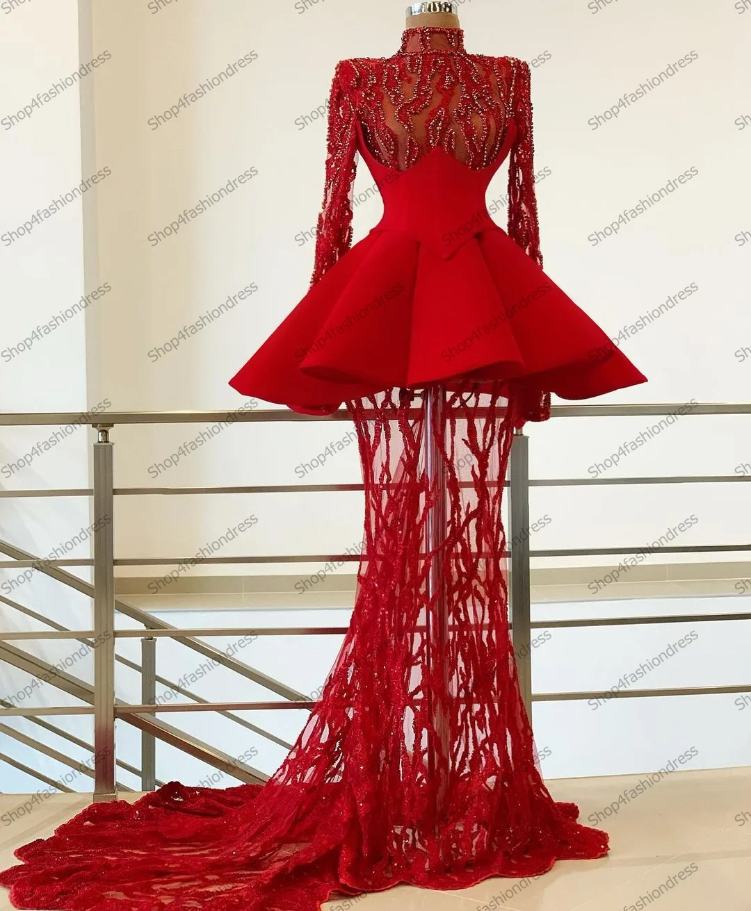 Unique Red High Neck Beading Long Evening Dresses See Thru Ruffles Mermaid Evening Gowns Luxury Dubai Party Gowns