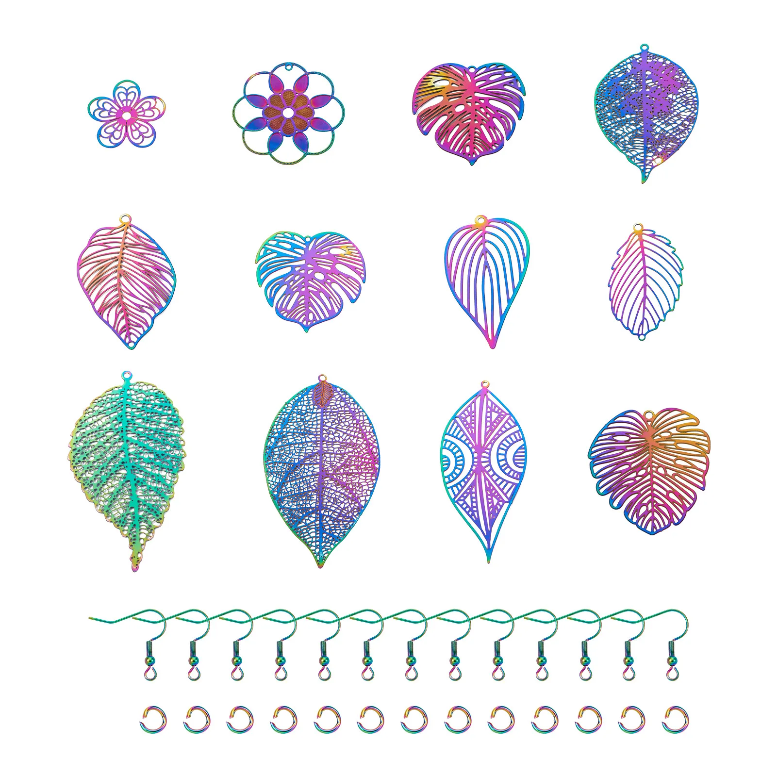 

60/72pcs Rainbow Color Stainless Steel Filigree Flower Leaf Pendant geometric Charm With Jump Ring Earring Hooks Jewelry Making