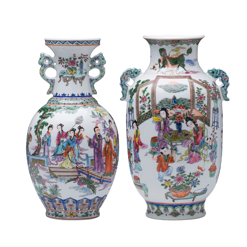 Jingdezhen Porcelain Vase Hand Painted Pastel Figure Retro Ceramic Vase Chinese Style Living Room Flower Arrangement Ornaments