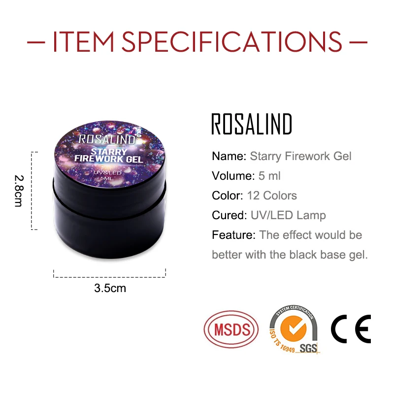 Rosalind 5 Ml Stellato Fuochi D'artificio Del Gel Del Chiodo Luminoso per Glitter Pittura Unghie Artistiche Disegno Poli Uv di Base Superiore Primer, Base Trucco per manicure