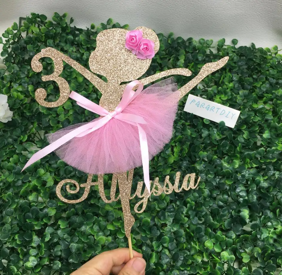 パーソナライズされた年齢女の子バレリーナ誕生日パーティーケーキトッパーゴールドグリッター紙片側1st 2nd 3rd 4th 5th 6th誕生日パーティー