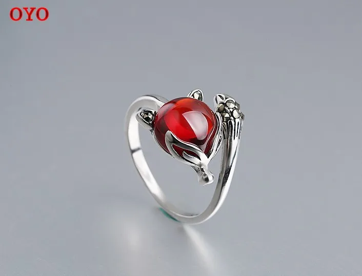

100% S925 silver open ring fox vintage old ring garnet zircon female ring