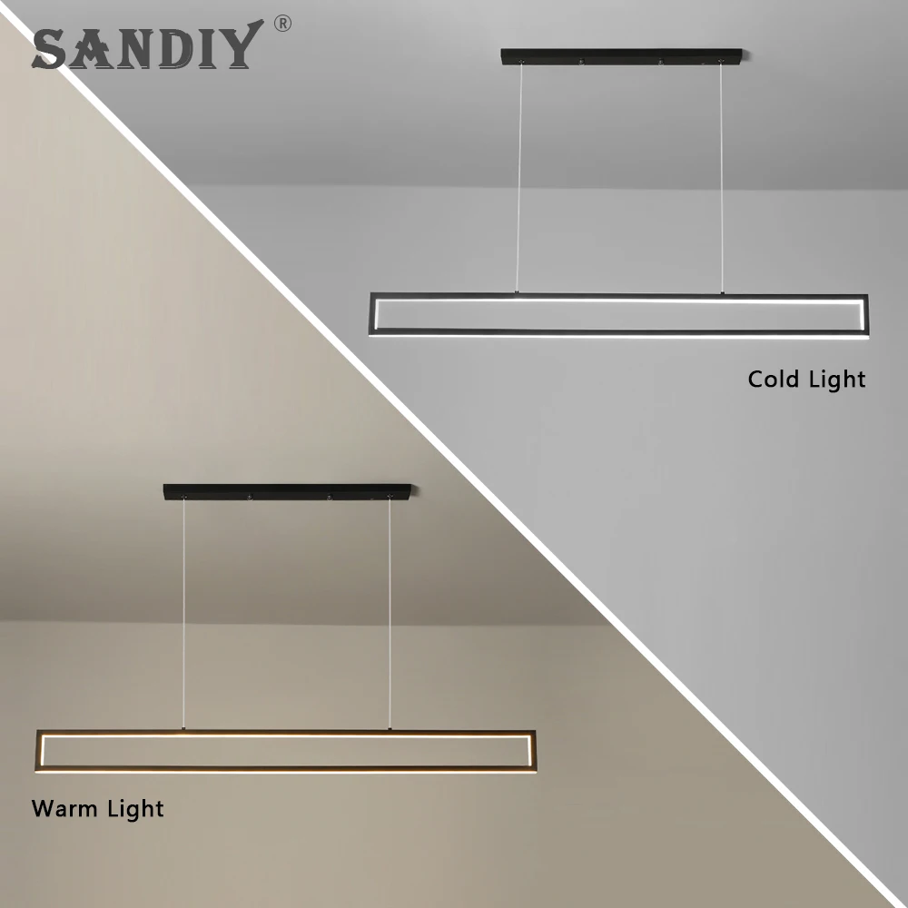 Imagem -04 - Sandiy Lustre Moderno e Minimalista para Sala de Jantar Lâmpada Pendente de Led para Mesa de Jantar Restaurante Café Bar Escritório Luzes Suspensas Lâmpada Pendente Linear de Faixa Longa Preta 110v 120v 130v 220v 230