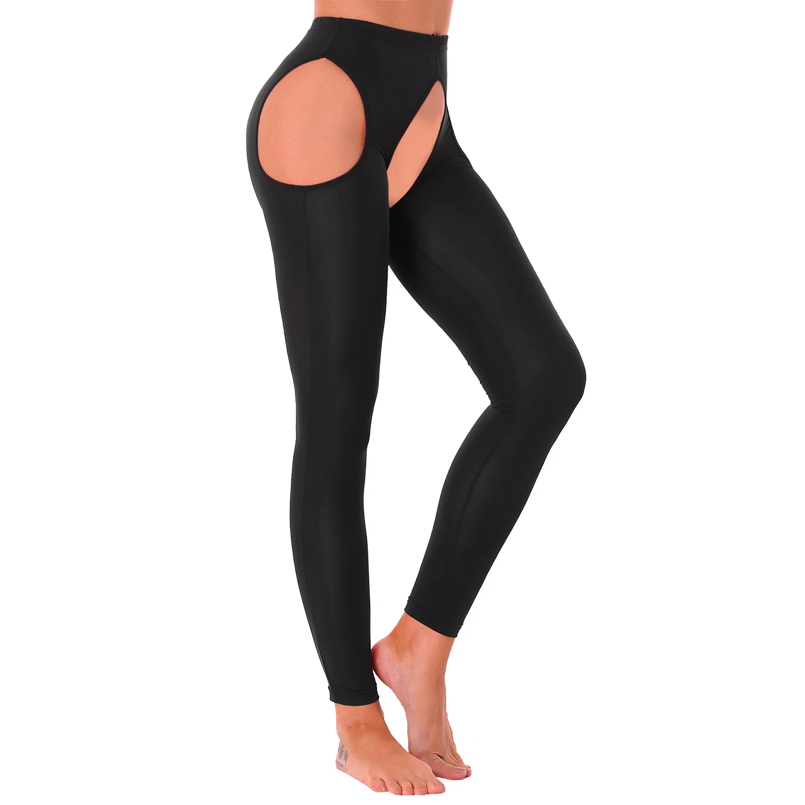 مثير المرأة طماق دفع ما يصل Leggins رياضة اللياقة البدنية سلس الجوف خارج بسط Crotchless لامعة مطاطا حزام بناطيل ضيقة