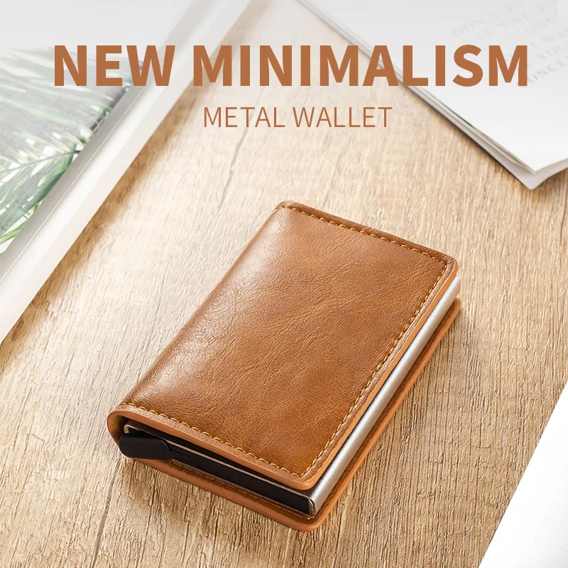 2023 Men Metal Card Holder RFID Aluminium Alloy Credit Card Holder PU Leather Wallet Antitheft Men Automatic Pop Up RFID Wallet