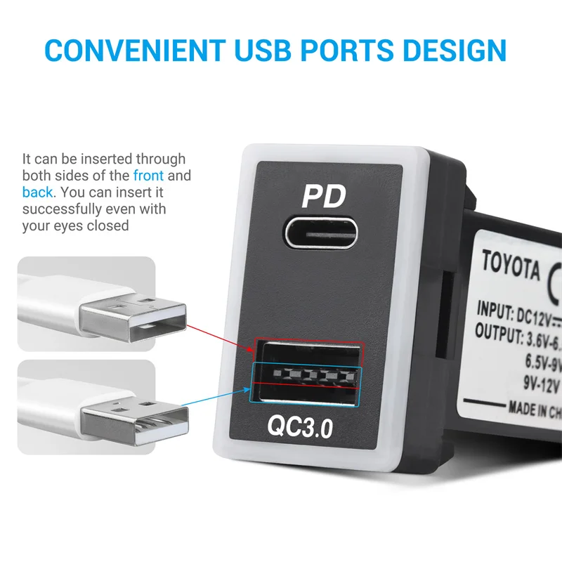 MICTUNING 12V/24V USB C Car Charger for Toyota, Dual USB Ports QC3.0 & PD Type C Car Power Socket, Compatible with iPhone iPad