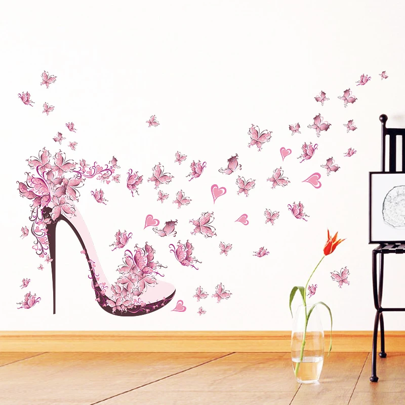 Creative High-heeled Shoes Butterflies Flower Wall Art Sticker For Girls Bedroom Decorative Sticker Diy Home Decoration