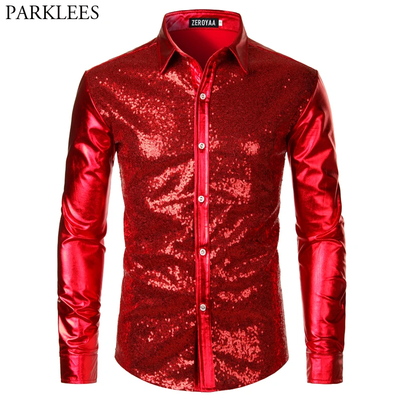 Red Sequin Metallic Patchwork Shirt Men 2023 New 70\'s Disco  Nightclub Sparkle Shirt Mens Halloween Party Stage Prom Costume 2XL