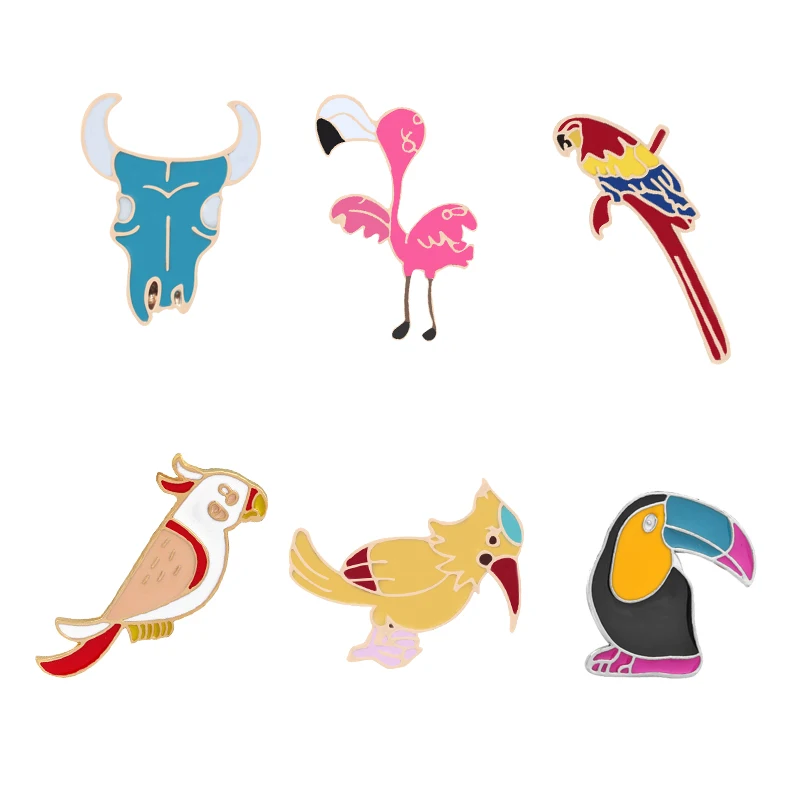 Cartoon Bird Toucan flamingo parrot woodpecker Bull Head Enamel Pins Brooches Jackets Lapel Pin Coat Badge Fashion Jewelry Gifts