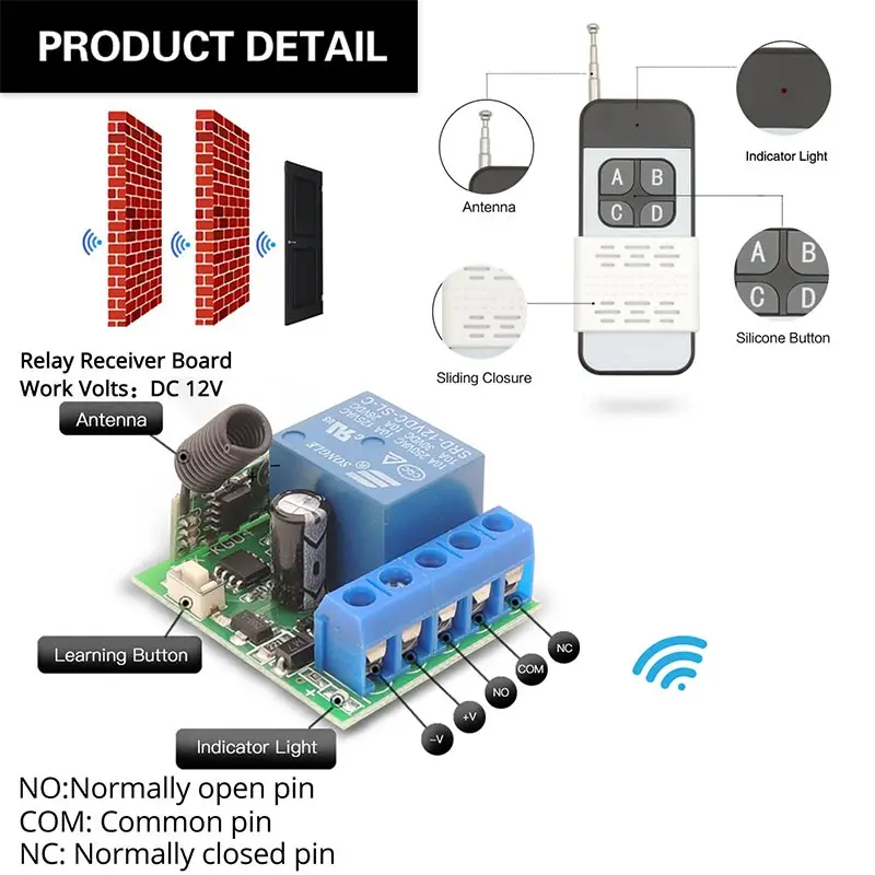 Bezprzewodowy przełącznik Rf 433mhz DC 12V moduł przekaźnika odbiorczego i nadajnik 500m, pilot na zamek magnetyczny/światło/listwa oświetleniowa