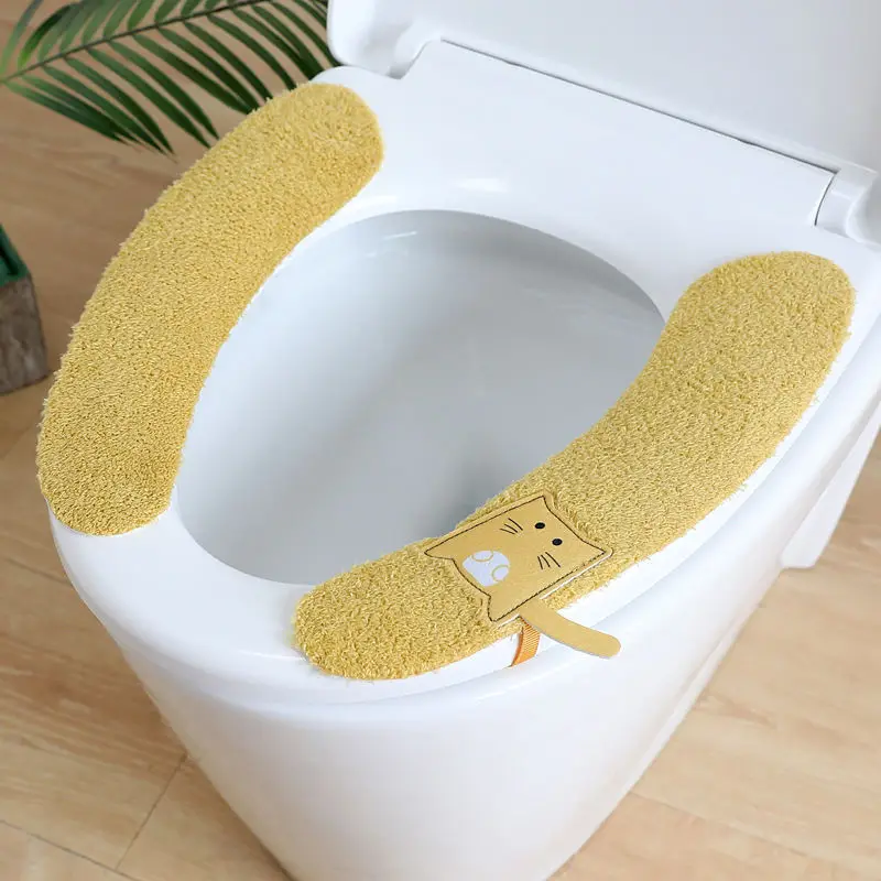 1Pair Portable Reusable Warm Plush Toilet Seat Filling Washable Bathroom Mat Seat Cover Health Sticky Pad Household Supplies