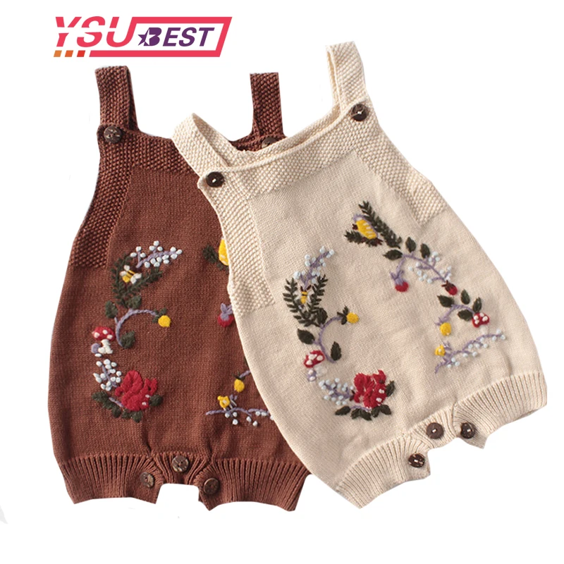 

2020 Baby Bodysuit Knitted Girls Onesie Newborn Princess Girls Coveralls Embroidery Flowers Infant Toddler Sleeveless Jumpsuits