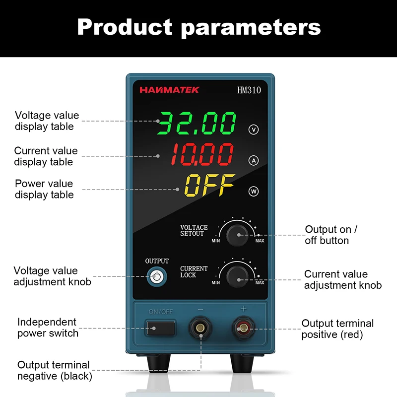 Imagem -03 - Hanmatek-fonte de Alimentação Digital Bancada Mini Interruptor Variável Fonte de Alimentação dc Ajustável com Saída Ativar o Botão Hm310