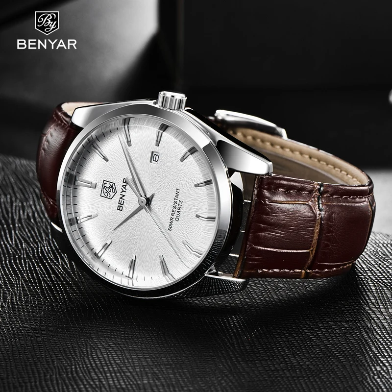 BENYAR-reloj analógico de cuero para hombre, accesorio de pulsera de cuarzo resistente al agua con calendario, complemento masculino deportivo de