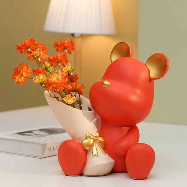 

Nordic Cute Resin Bear Vase Fake Flower Arrangement Home Livingroom Desktop Furnishing Craft Bookcase Store Sculpture Decoration