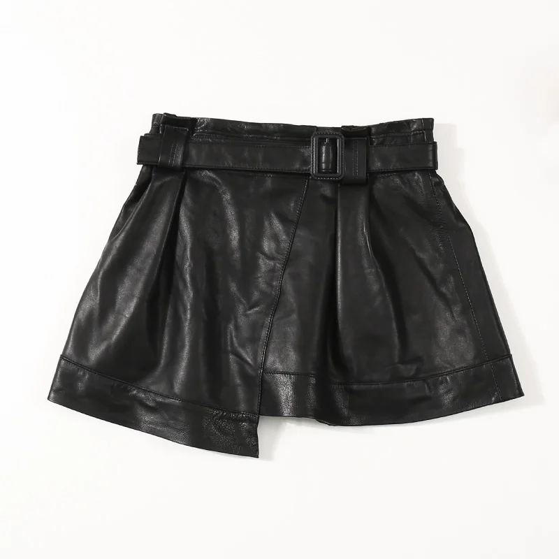 

Genuine Leather 2021 Spring New Wild Street Skirt Women Sheepskin Irregular Elastic Waist A-line Mini Skirt