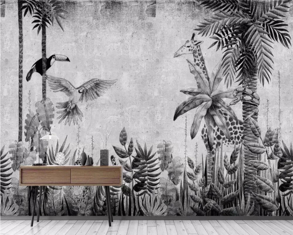 Customized wallpaper mural hand-painted tropical rainforest black and white plant bedroom background 8d wallpaper photo wall