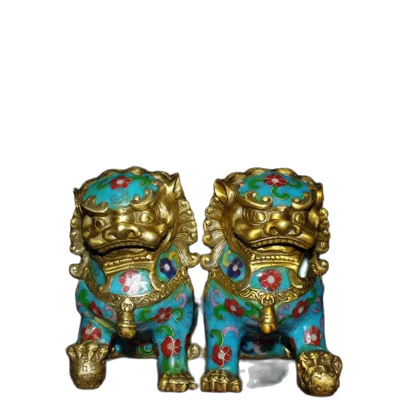 Chinese Old Beijing Old Goods, Collection Old Copper Tire  Cloisonne Festoon Pair Of Lions