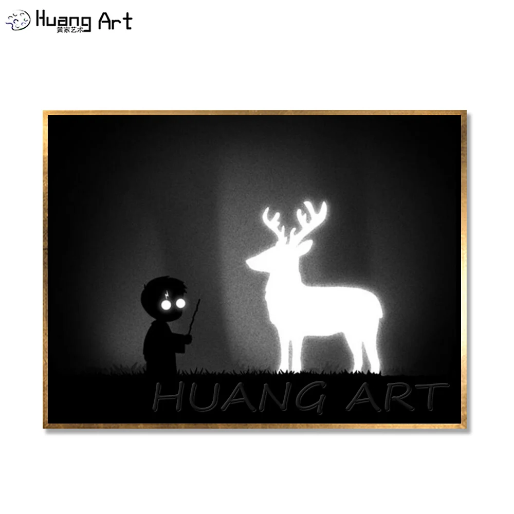 

Artist Directly Supply Handmade Night Landscape Oil Painting On Canvas Modern Abstract Boy And Reindeer Canvas Oil Painting