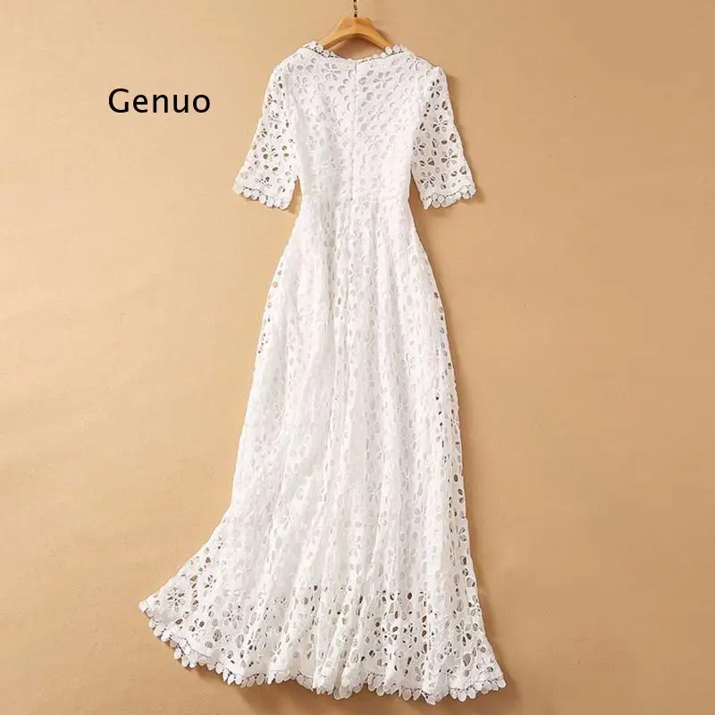 Elegant White Maxi Dress for Women V Neck Half Sleeve High Waist Hollow Out Slim Dresses Women 2020 Autumn New Style Fashion