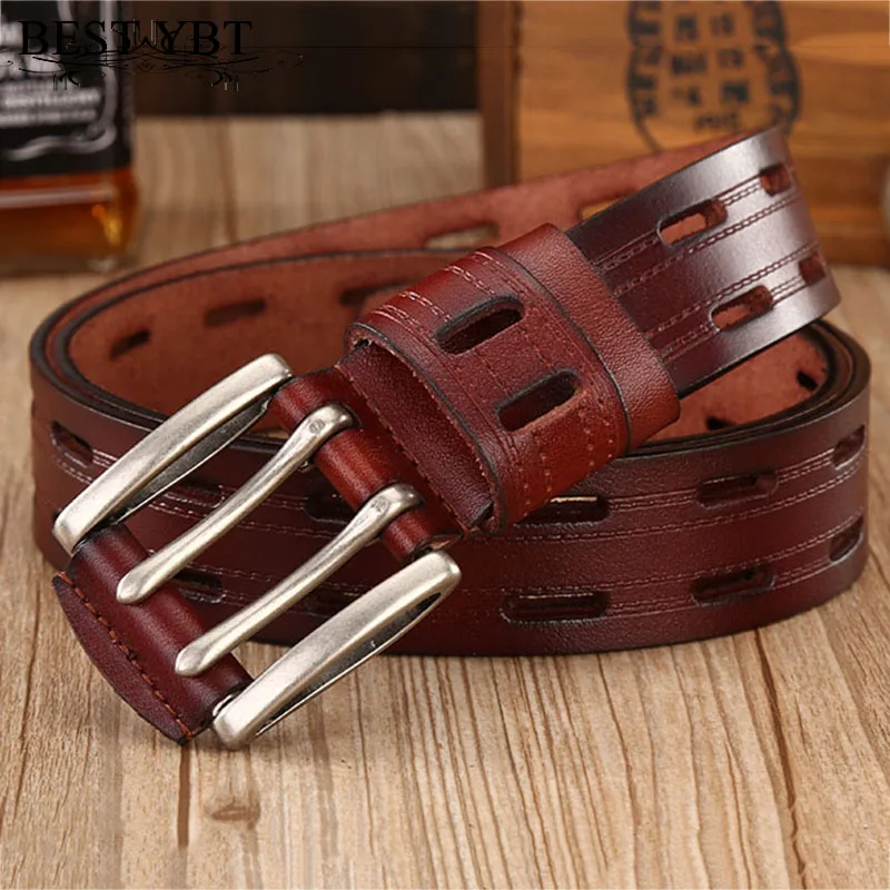 Best YBT High Quality Genuine Leather Belts for Men Brand Strap Male Double Pin Buckle Fancy Vintage Jeans Cowboy Belts