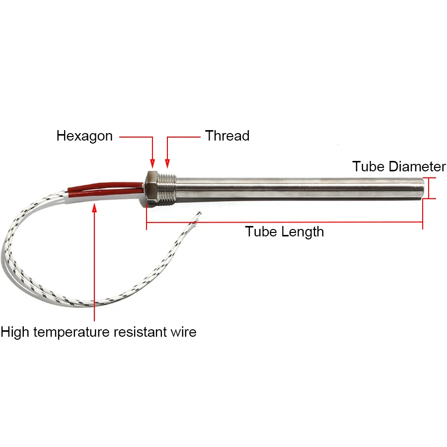 8mm Dia 350~600mm DN8/12mm Threaded Single-head Heating Tube 110V/220V/380V 201 Stainless Steel Heating Rod with Nut