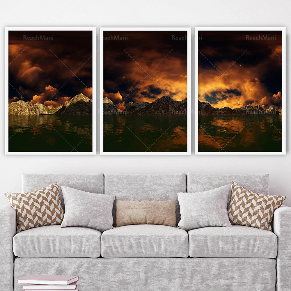 Abstract Prints Orange Yellow Gold Mountains Sunset Wall Art Print Picture Gallery Wall Poster Decor Gift