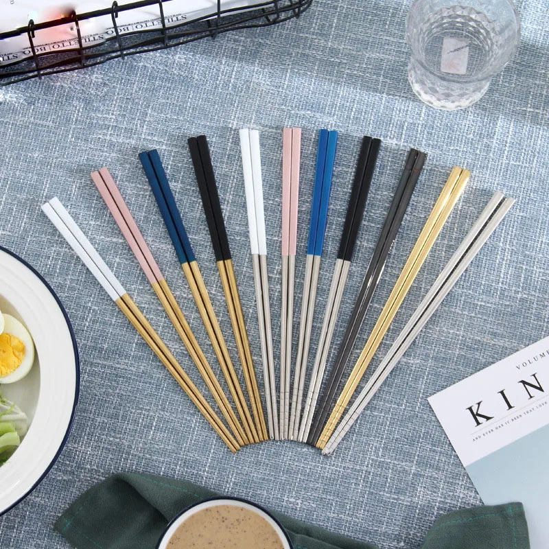 

5 Pairs Chinese Stylish Non-slip Design Chop Sticks Stainless Steel Chopstick Reusable Food Sticks Sushi Baguette