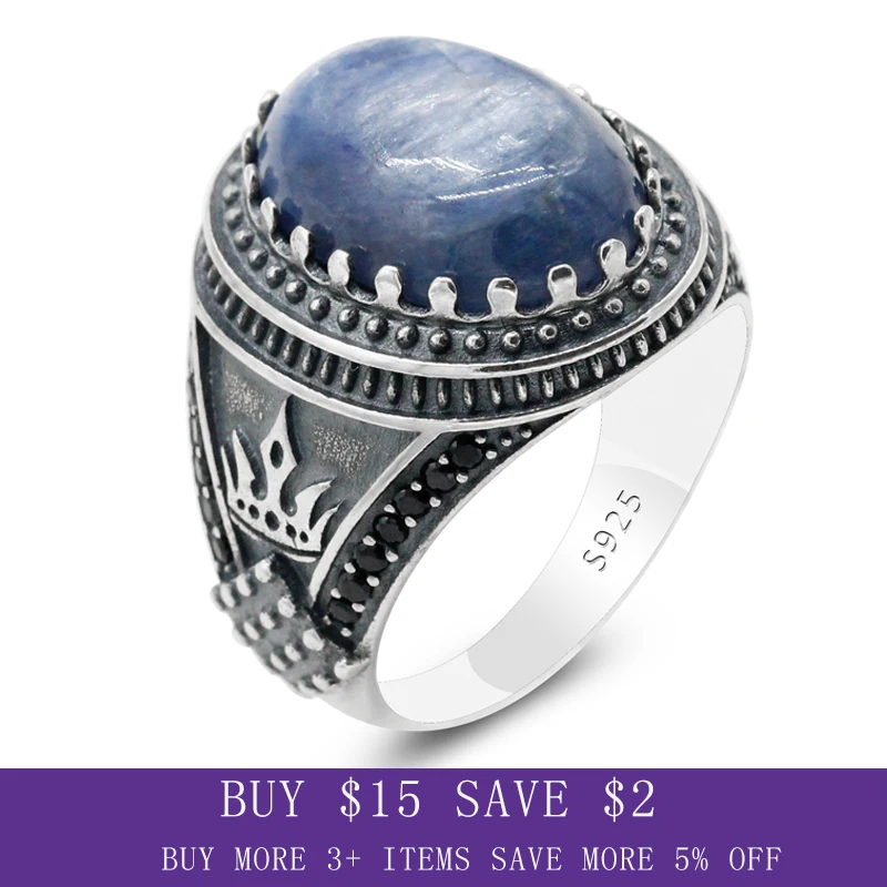 New blue natural kyanite ring 925 sterling silver men's ring castle Constantinople, Türkiye Vintage Signet ring gift wedding luc