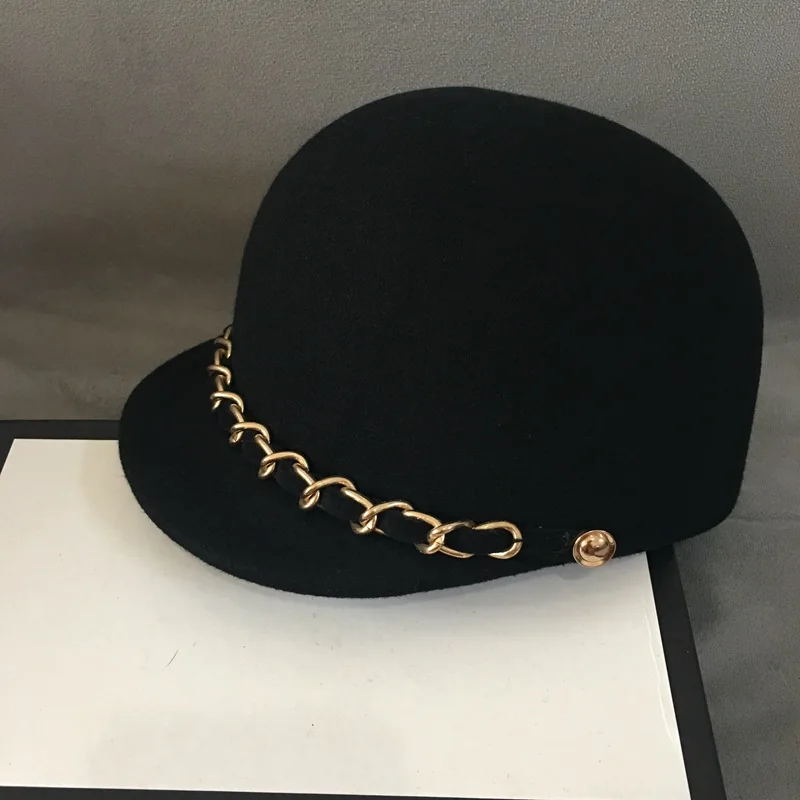 Gorra clásica de lana suave y cálida para mujer, gorro de fieltro con cadena dorada a la moda, estilo Newsboy, visera, Boina, negro, ajustable