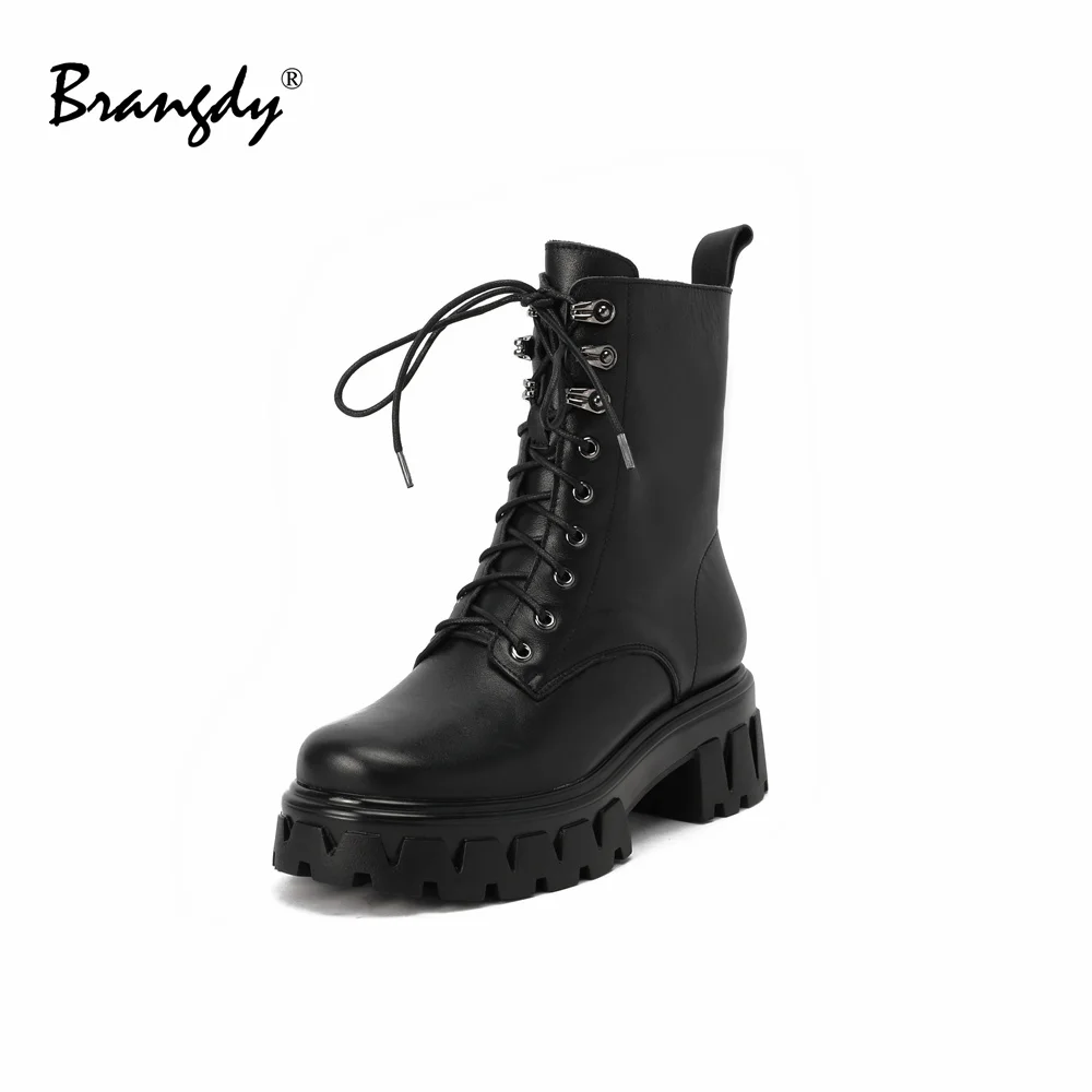 

Brangdy Women Ankle Boots Female Square High Heels Autumn Fashion Rivet Lace-Up Platform Women Boots Ladies Retro Footwear