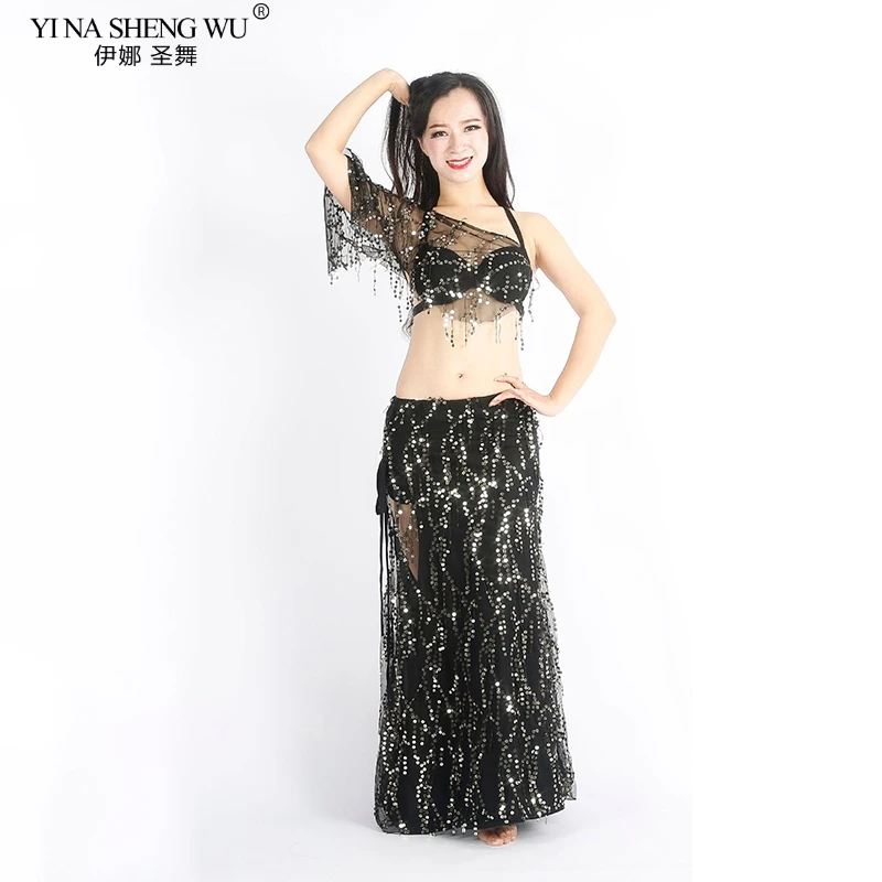 2ピース登るスパンコールタッセルベリーダンスのパフォーマンス衣装セクシーなトップスプリットスカート練習衣装ステージ性能もショーの服